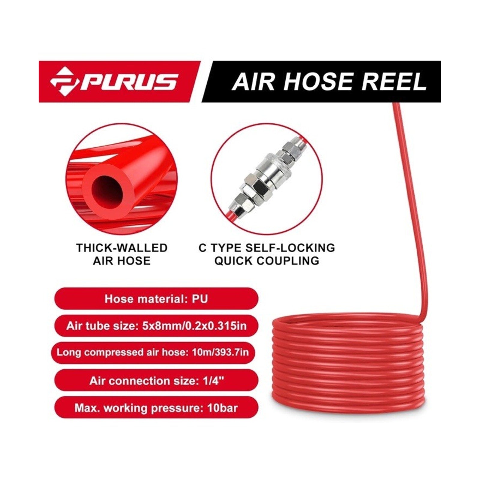 PURUS Retractable Air Hose Reel, 3/8" x 32ft, 180° Swivel Wall/Ceiling Mount