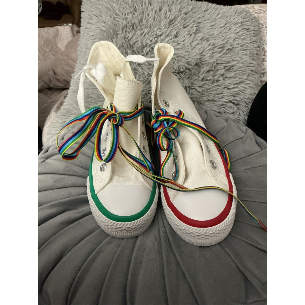 White Canvas High Top Sneakers Rainbow Sole & Laces Pride Style Women’s Size 36