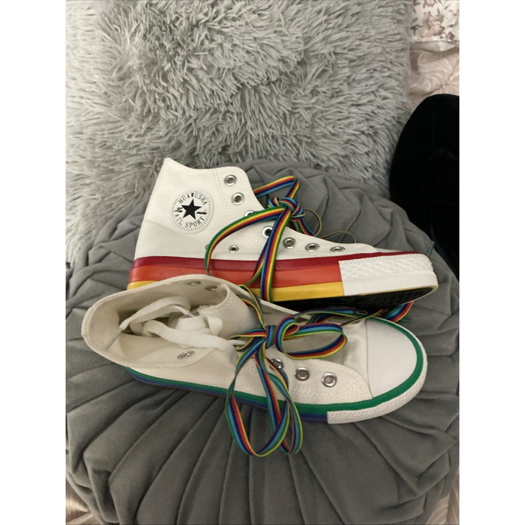 White Canvas High Top Sneakers Rainbow Sole & Laces Pride Style Women’s Size 36