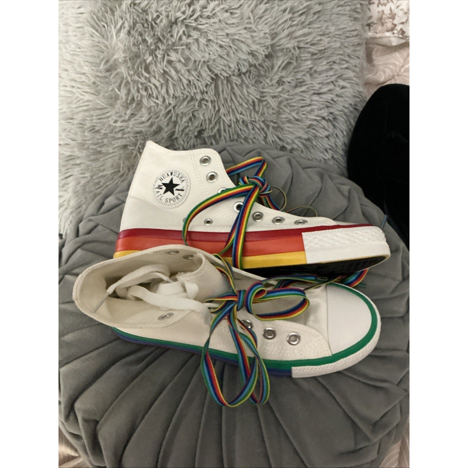 White Canvas High Top Sneakers Rainbow Sole & Laces Pride Style Women’s Size 36