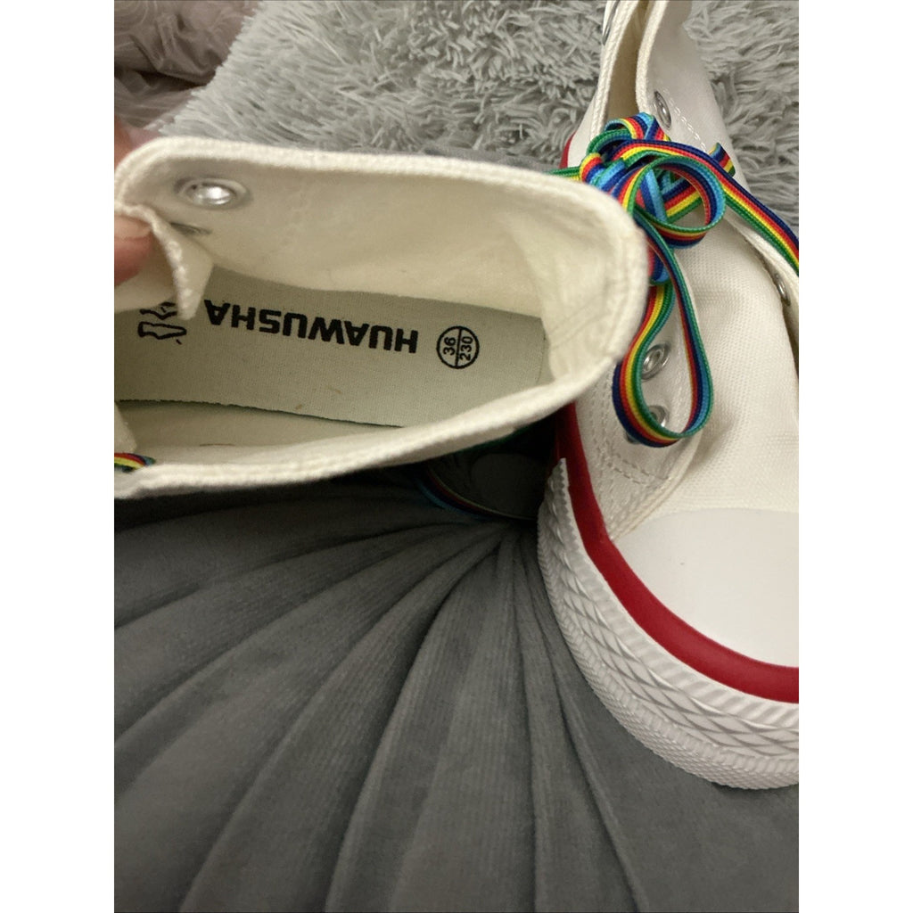 White Canvas High Top Sneakers Rainbow Sole & Laces Pride Style Women’s Size 36