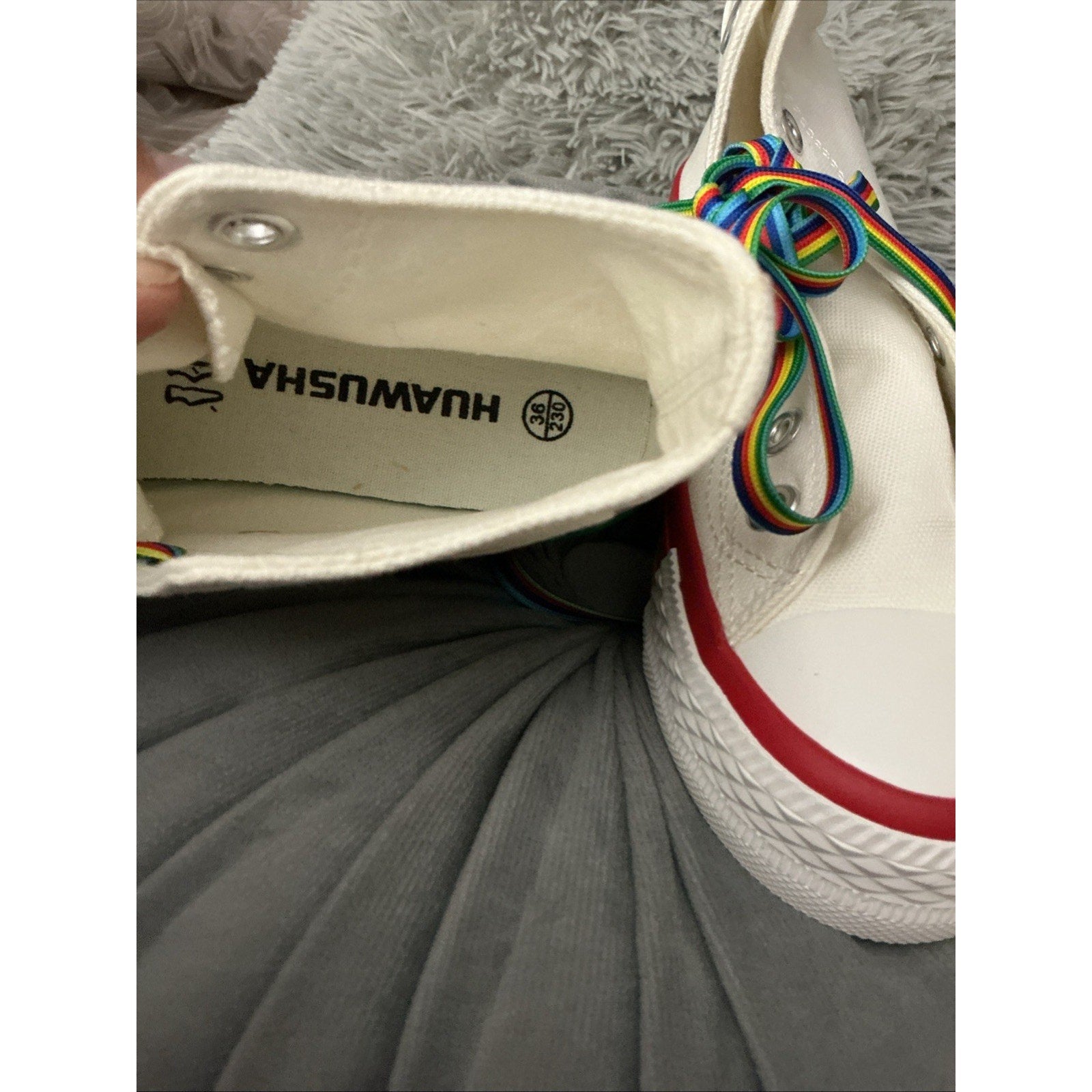 White Canvas High Top Sneakers Rainbow Sole & Laces Pride Style Women’s Size 36