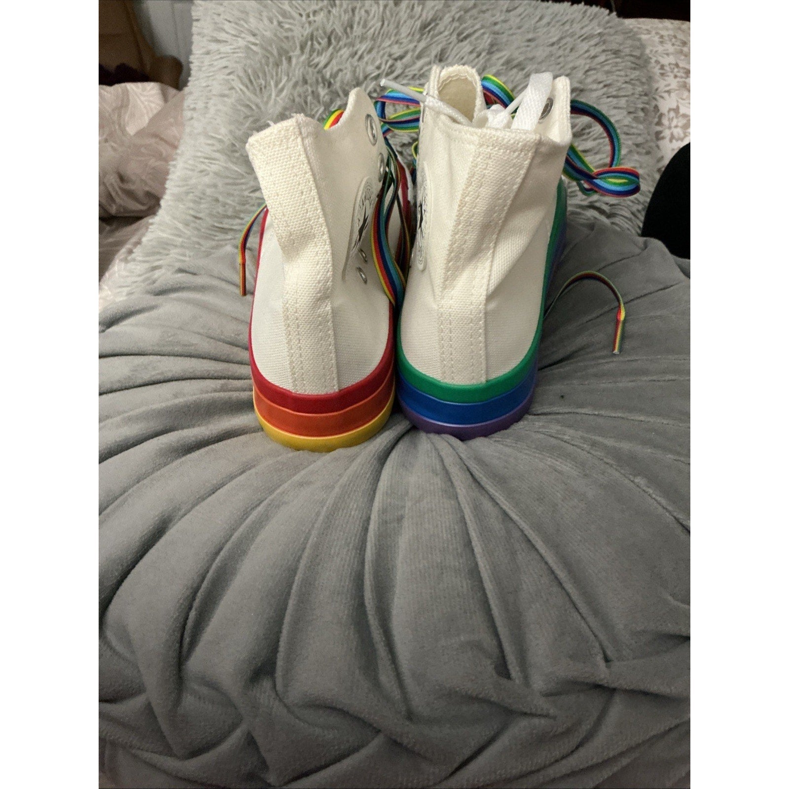 White Canvas High Top Sneakers Rainbow Sole & Laces Pride Style Women’s Size 36