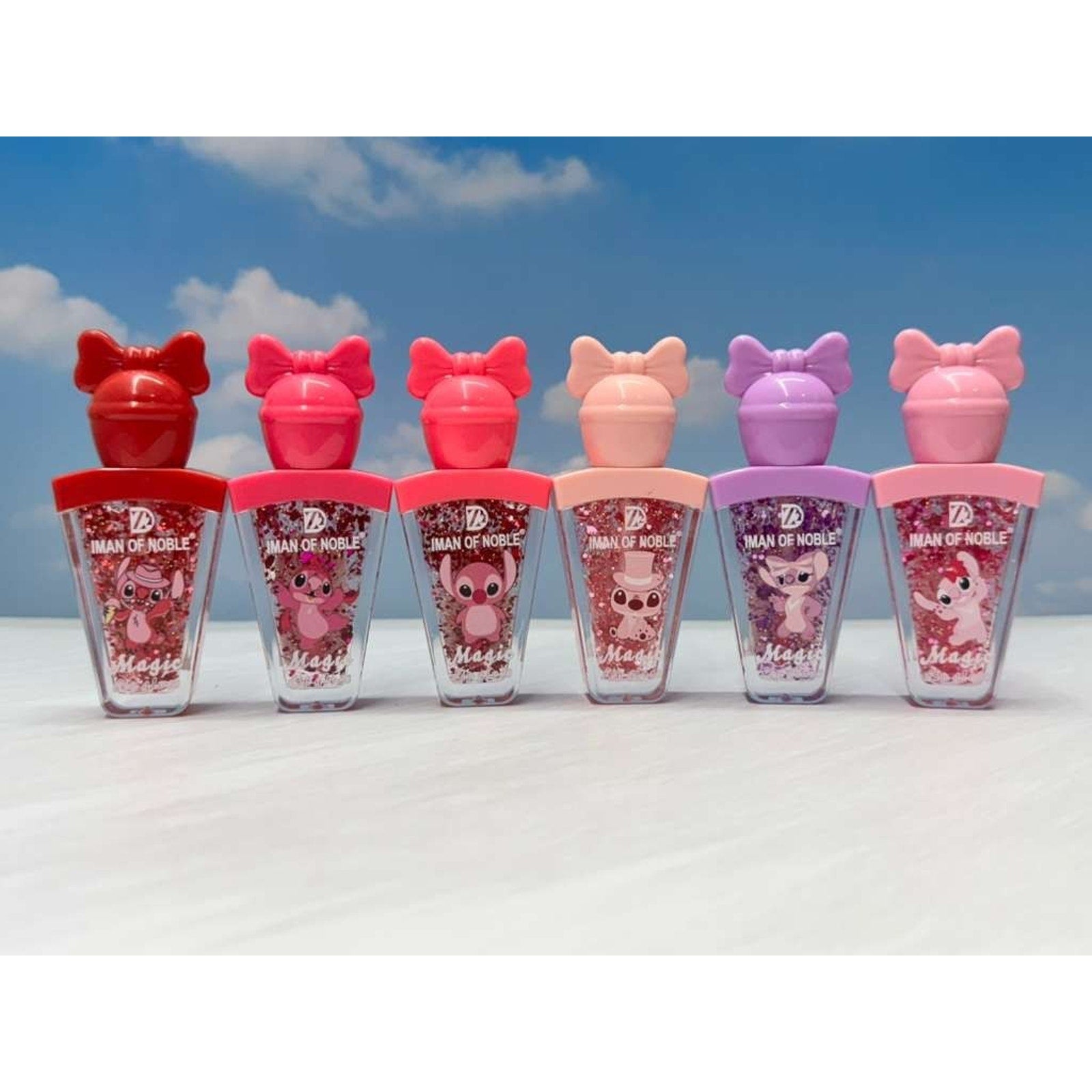 Cute Glitter Lip Gloss Bow Cap Cartoon LipStitch Kids Makeup Iman Of Noble 6/pcs
