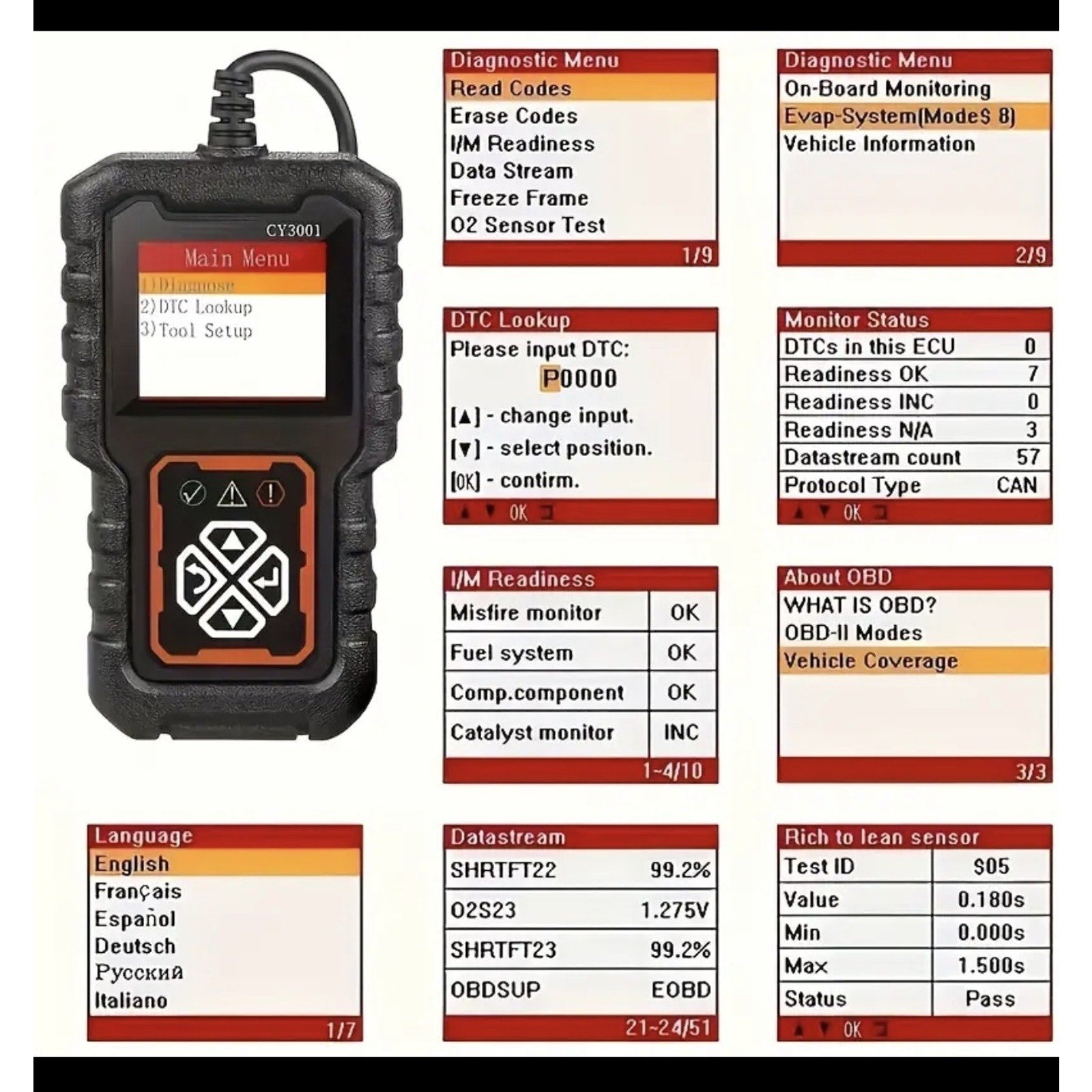 Professional OBD2 Car Scanner Diagnostic Tool. Read and Clear Vehicle Codes.