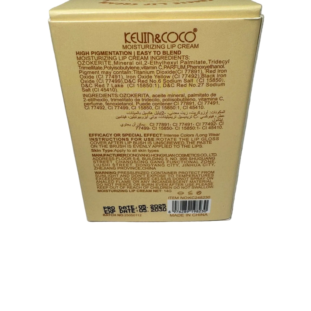 Back of a Kevin & Coco lip cream box with text and a barcode on a gray textured background