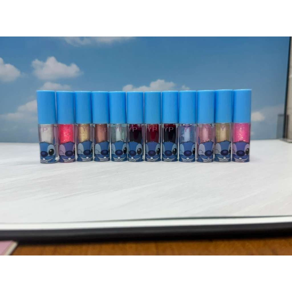 Cute Cartoon Lip Gloss Set w/ Blue Stitch Style Cosmetic Bag & Pearl Handle 12pk