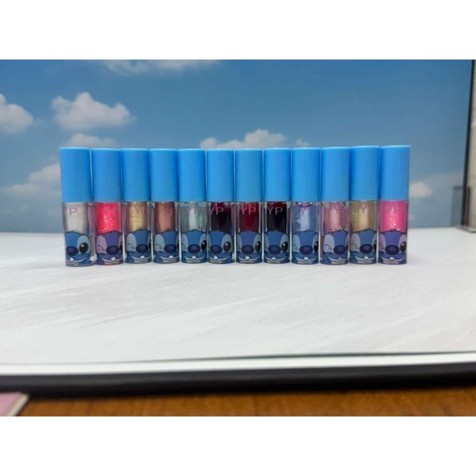 Cute Cartoon Lip Gloss Set w/ Blue Stitch Style Cosmetic Bag & Pearl Handle 12pk