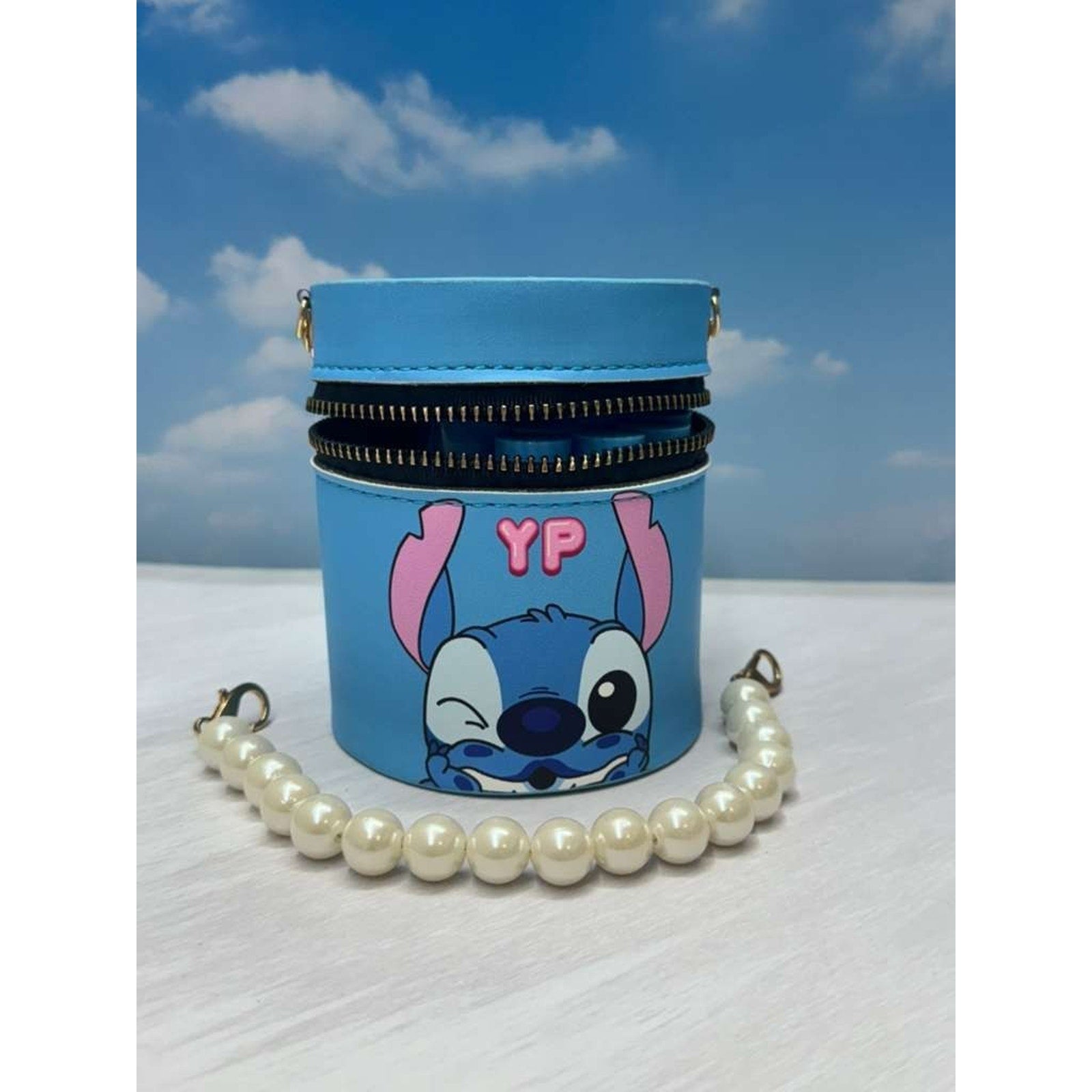 Cute Cartoon Lip Gloss Set w/ Blue Stitch Style Cosmetic Bag & Pearl Handle 12pk