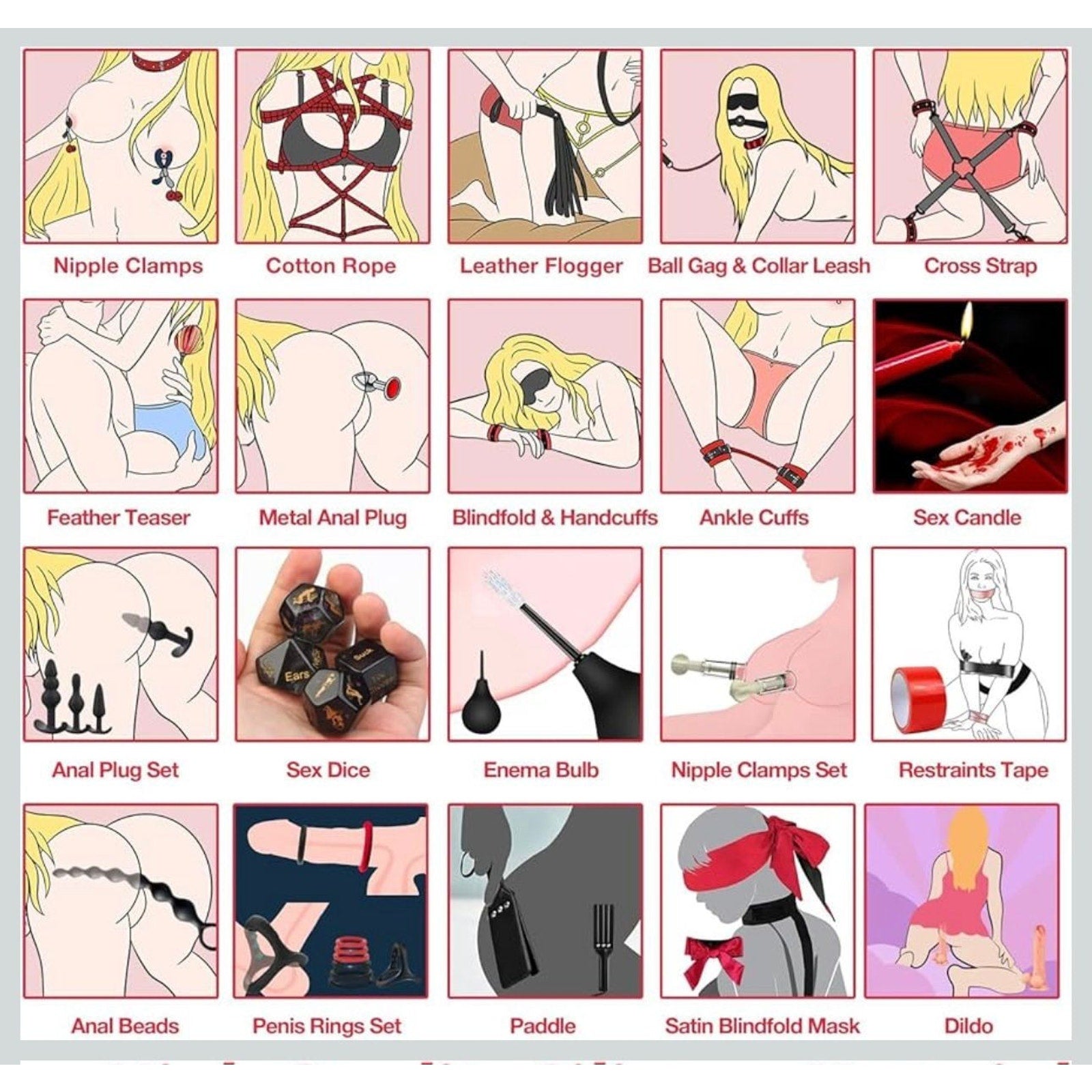 36PC Adult Bondage Set Restraints Cuffs Rope Gag Plug Flogger