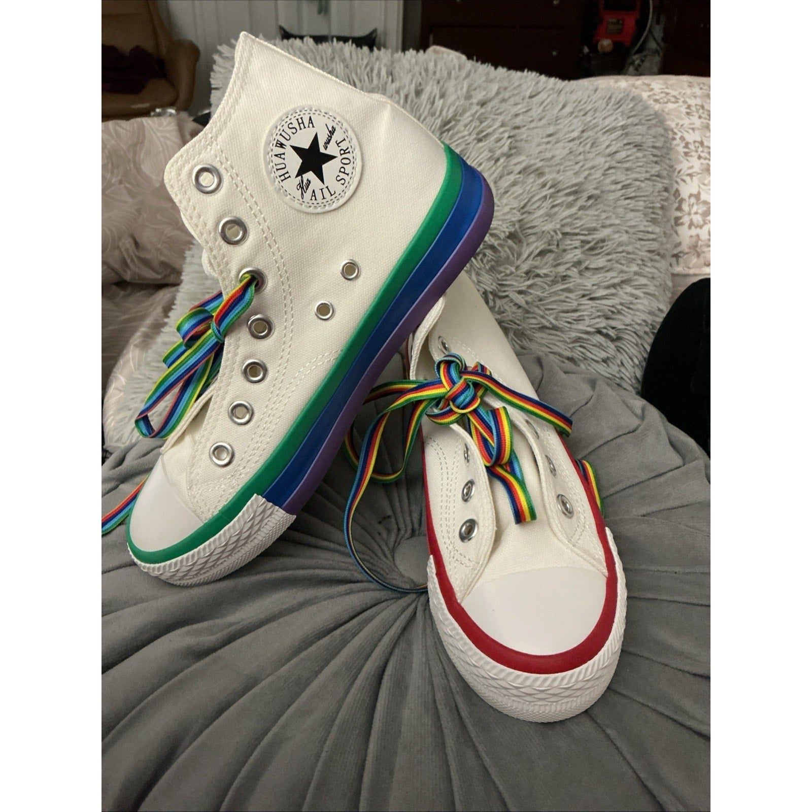 White Canvas High Top Sneakers Rainbow Sole & Laces Pride Style Women’s Size 36