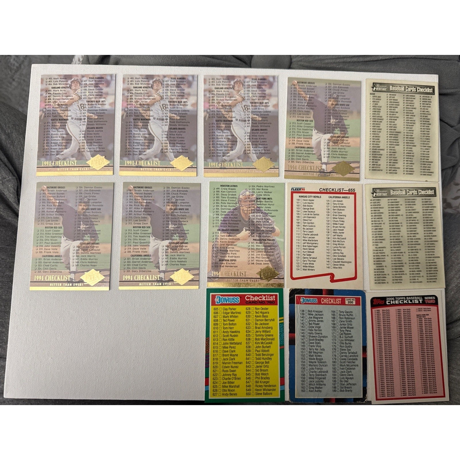 Vintage MLB checklist card lot from the late 80s–90s era. Lot Of 13