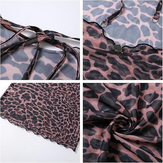 Leopard Printed Mini Dress Backless Long Sleeve Lace-up Mesh Sheer Slim Vintage Beach Party Dress L/XL