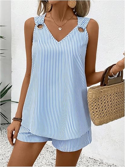 Summer Striped Sleeveless Tops for Women V-Neck Button Detail Loose Pullover Tank Blouse for Daily Wear Blue XL