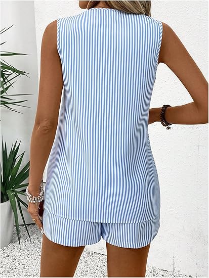 Summer Striped Sleeveless Tops for Women V-Neck Button Detail Loose Pullover Tank Blouse for Daily Wear Blue XL