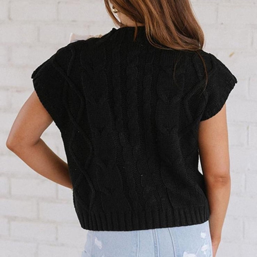 Black Knit Top with Cream Ribbon Details