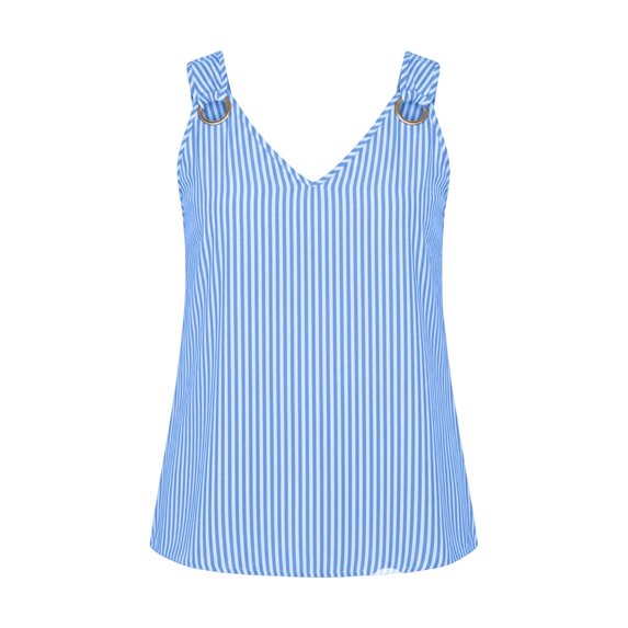 Summer Striped Sleeveless Tops for Women V-Neck Button Detail Loose Pullover Tank Blouse for Daily Wear Blue XL