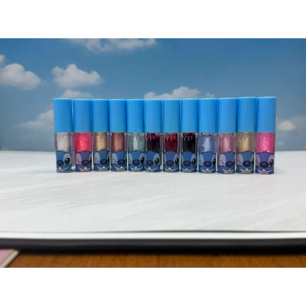 Cute Cartoon Lip Gloss Set w/ Blue Stitch Style Cosmetic Bag & Pearl Handle 12pk