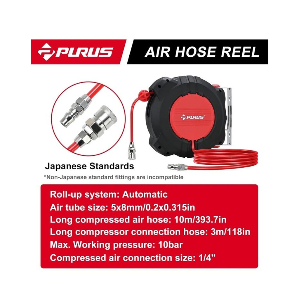 PURUS Retractable Air Hose Reel, 3/8" x 32ft, 180° Swivel Wall/Ceiling Mount