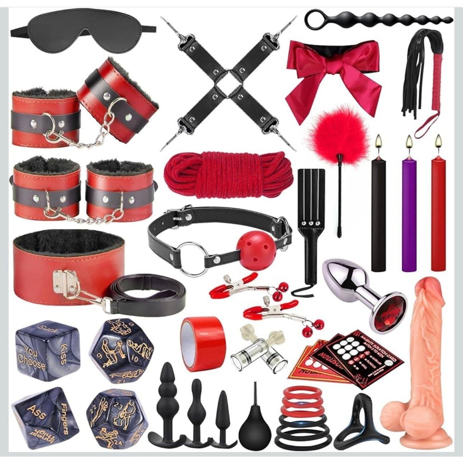 36PC Adult Bondage Set Restraints Cuffs Rope Gag Plug Flogger