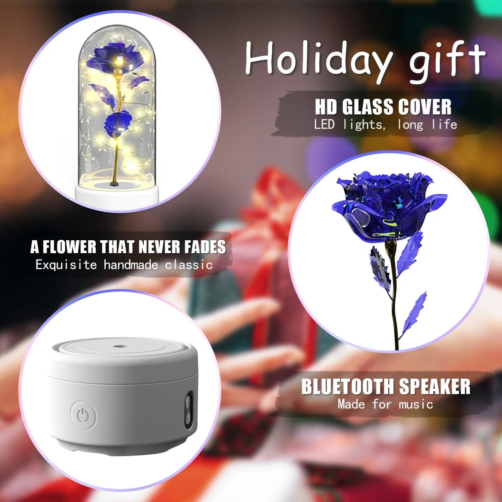 Eternally Enclosed Rose Flower - Featuring LED Lights and Bluetooth Speaker