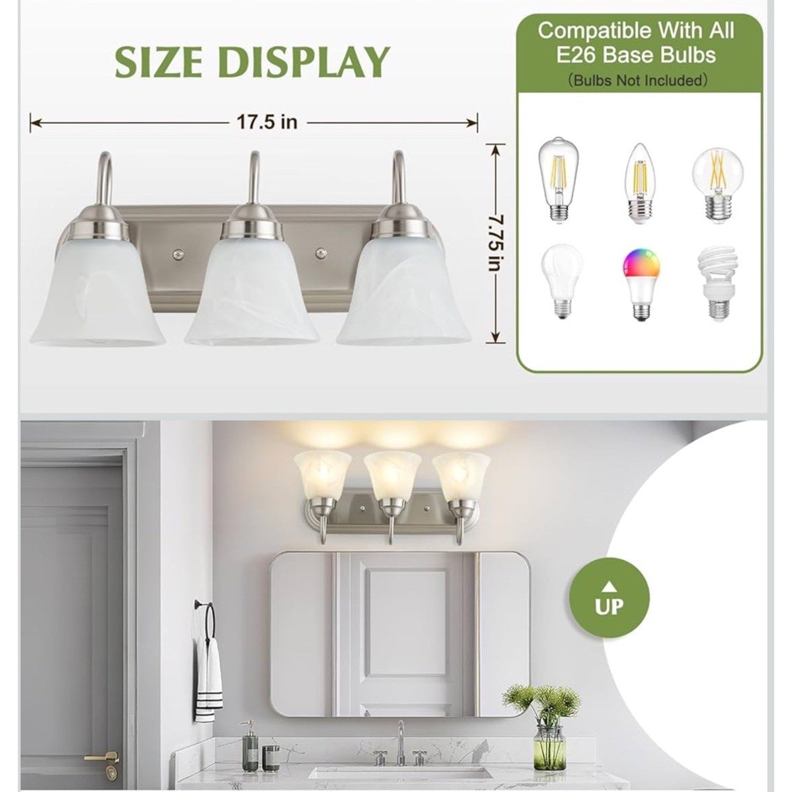 3 Light Bathroom Vanity Lights, Bathroom Light Fixtures over Mirror, Modern Ligh