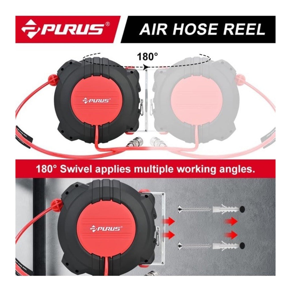 PURUS Retractable Air Hose Reel, 3/8" x 32ft, 180° Swivel Wall/Ceiling Mount