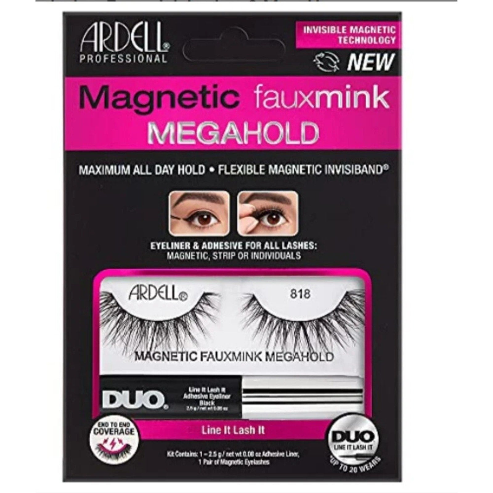 Ardell Magnetic Faux Mink Mega Hold 818 Eyelashes with DUO Adhesive Eyeliner Kit