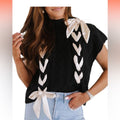 Black Knit Top with Cream Ribbon Details
