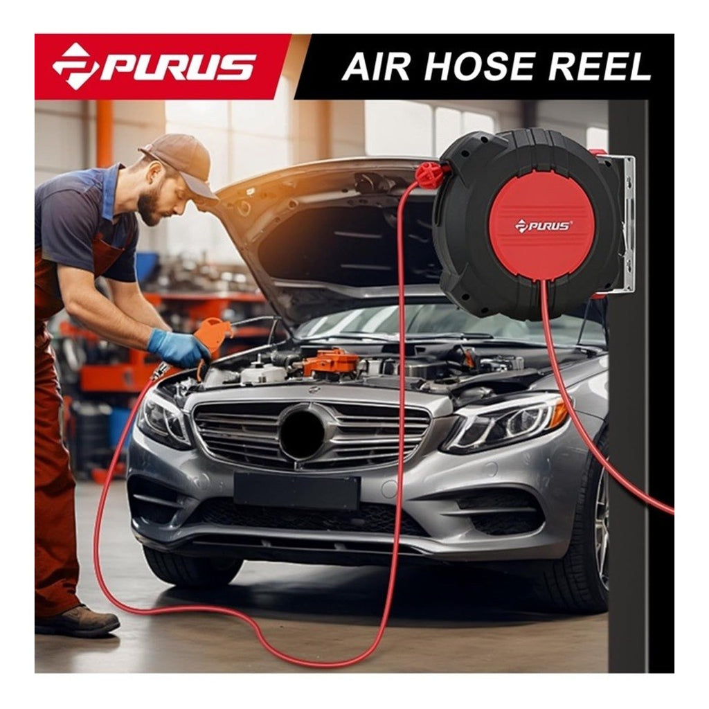 PURUS Retractable Air Hose Reel, 3/8" x 32ft, 180° Swivel Wall/Ceiling Mount