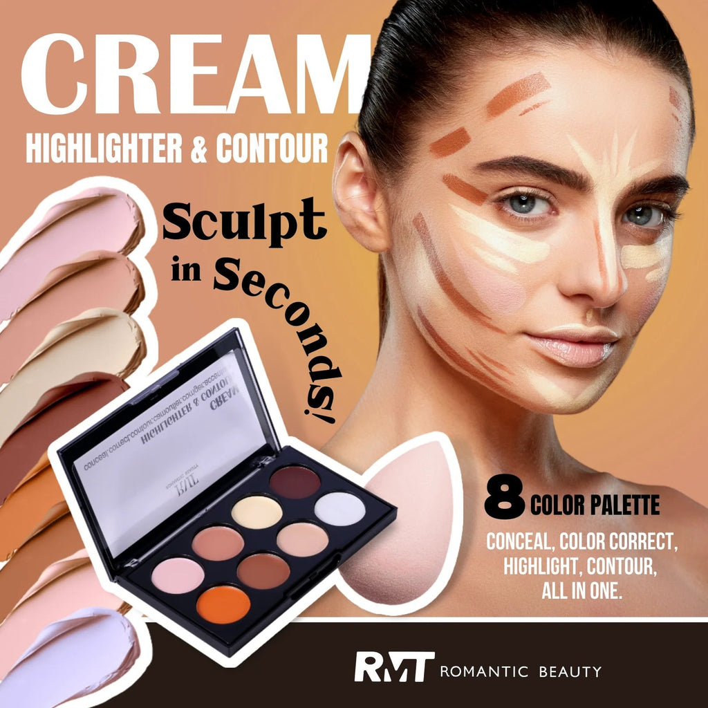 Romantic Beauty Cream Highlight & Contour Palette Set 8 Hues Conceal & Correct