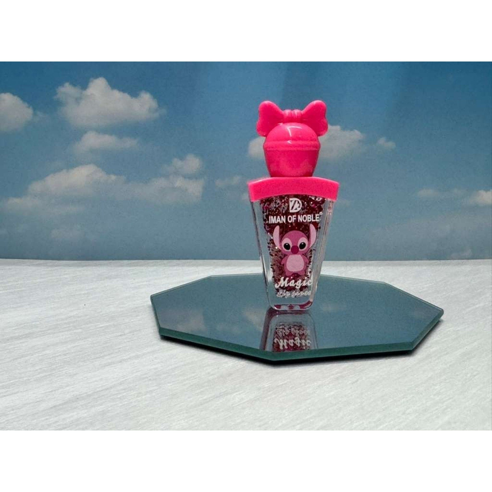 Cute Glitter Lip Gloss Bow Cap Cartoon LipStitch Kids Makeup Iman Of Noble 6/pcs