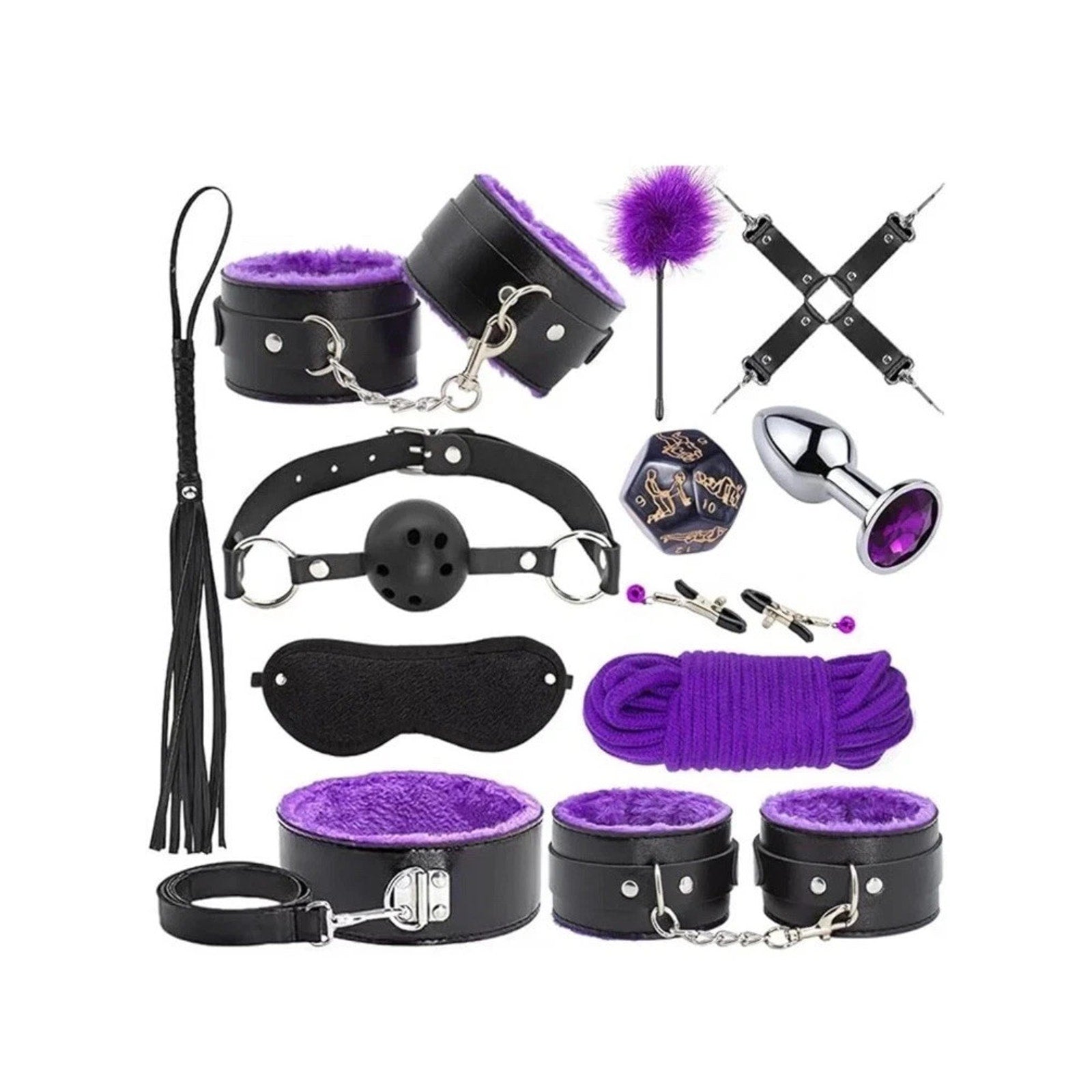13PC Adult Bondage Set Restraints Cuffs Rope Gag Plug Flogger